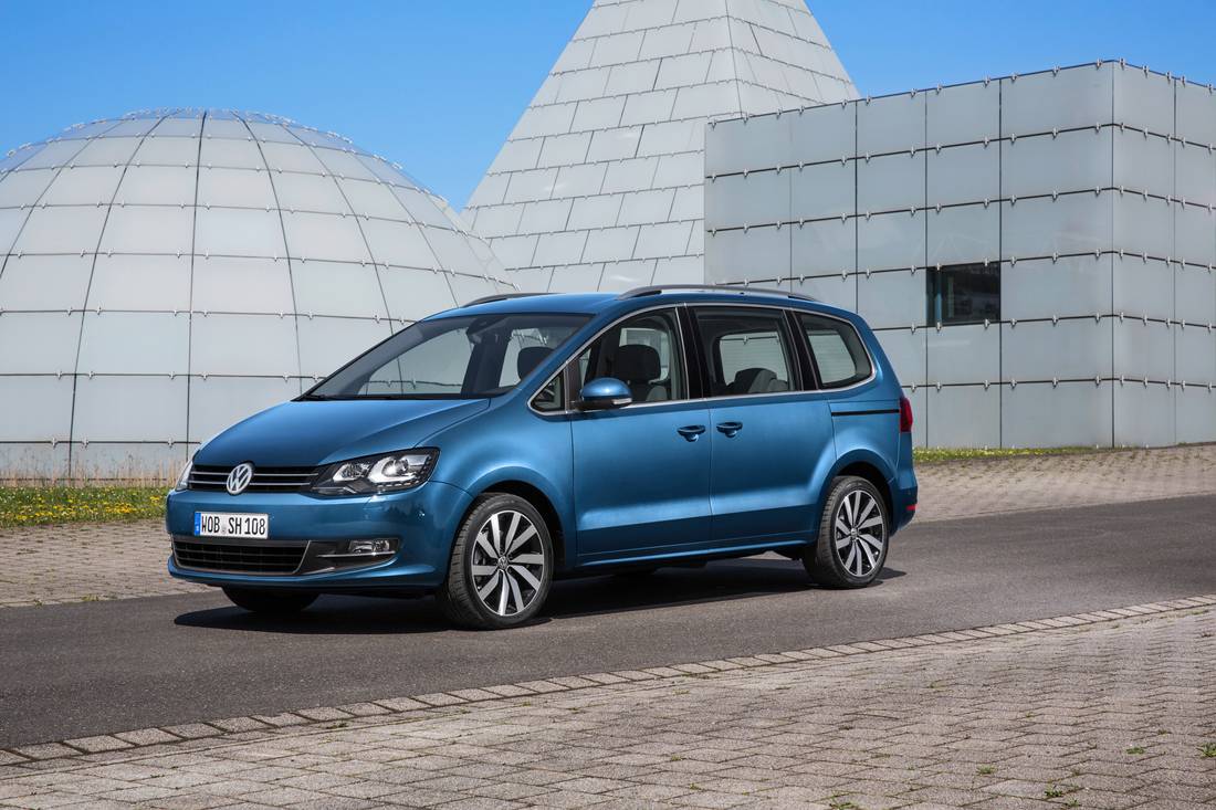  The VW Sharan easily accommodates three children next to each other on the back seat.  Including Isofix anchorage for all offspring.
