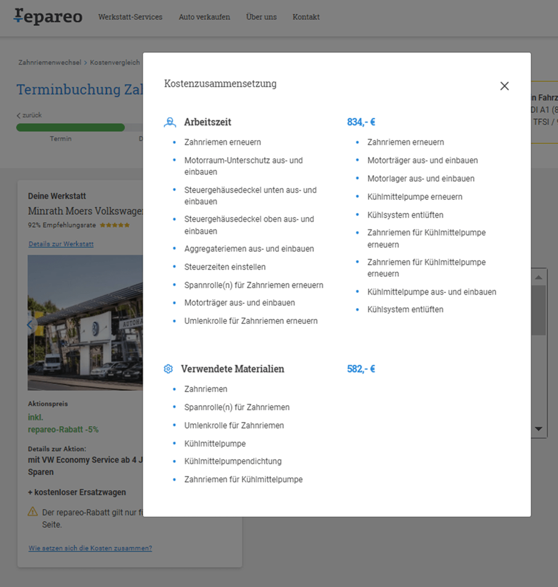  Estimate of the price of a timing belt change at repareo.de